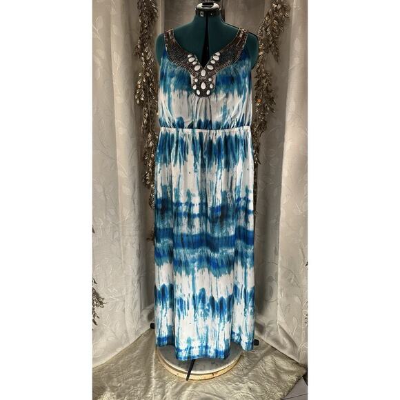 Lane Bryant Blue White Beaded Maxi Dress | Plus Size 22 | Boho Beach Resort Vibe - Picture 3 of 15